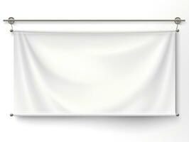 White realistic hang fabric horizontal canvas banner mockup on the rope for advertising AI Generative photo