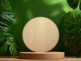 Cosmetics product advertising stand exhibition wooden podium on green background with leaves AI Generative photo