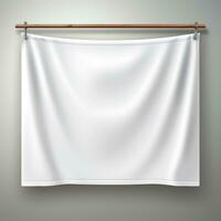 White realistic hang fabric horizontal canvas banner mockup on the rope for advertising AI Generative photo