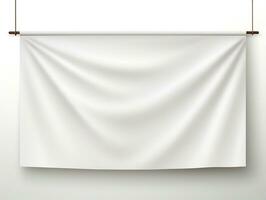 White realistic hang fabric horizontal canvas banner mockup on the rope for advertising AI Generative photo