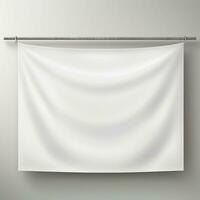 White realistic hang fabric horizontal canvas banner mockup on the rope for advertising AI Generative photo