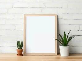 Maize wooden photo frame mockup leaning at white brick wall AI Generative