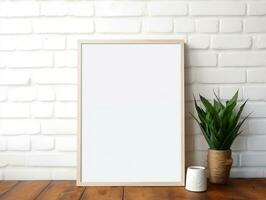 Maize wooden photo frame mockup leaning at white brick wall AI Generative