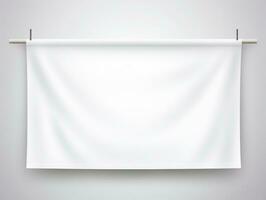 White realistic hang fabric horizontal canvas banner mockup on the rope for advertising AI Generative photo