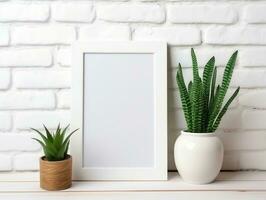 Maize wooden photo frame mockup leaning at white brick wall AI Generative