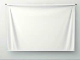 White realistic hang fabric horizontal canvas banner mockup on the rope for advertising AI Generative photo