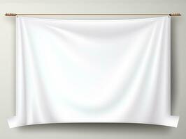 blanco realista colgar tela horizontal lona bandera Bosquejo en el cuerda para publicidad ai generativo foto