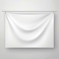 White realistic hang fabric horizontal canvas banner mockup on the rope for advertising AI Generative photo