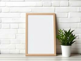 Maize wooden photo frame mockup leaning at white brick wall AI Generative