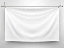 White realistic hang fabric horizontal canvas banner mockup on the rope for advertising AI Generative photo