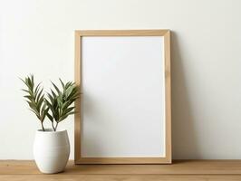 Maize wooden photo frame mockup leaning at white brick wall AI Generative