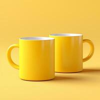 Two mugs mockup on yellow background AI Generative photo