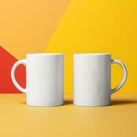 Two mugs mockup on yellow background AI Generative photo