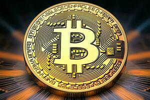 A grand, round Bitcoin cryptocurrency coin gleaming against a textured background AI Generated photo