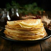 Delicious thin pancakes presented in a close up on wooden backdrop For Social Media Post Size AI Generated photo