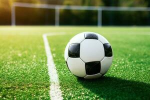 Pitch perfect Soccer ball poised on the vibrant green field AI Generated photo