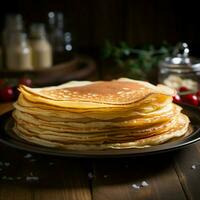 Close up of thin pancakes stacked on a rustic wooden plate For Social Media Post Size AI Generated photo