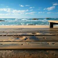 Shoreline stage Blurred beach forms backdrop for wooden decks versatile product displays For Social Media Post Size AI Generated photo