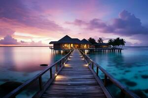 Tranquil Maldives sunset, a breathtaking beachscape for luxury resort travelers AI Generated photo