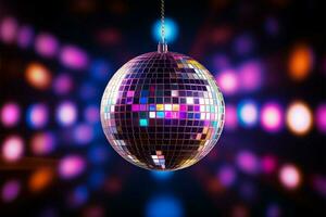 Dynamic 3D rendered disco ball glistens against neon light background AI Generated photo