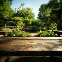 Natures showcase Vacant wooden table in park, ready for product displays amidst greenery For Social Media Post Size AI Generated photo