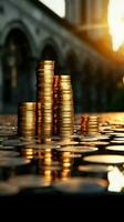 Sunlit coin columns stand tall, depicting wealth and strategic financial planning Vertical Mobile Wallpaper AI Generated photo