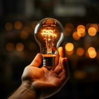 Light bulb clutched by executive hand, integrating ideas with mechanics For Social Media Post Size AI Generated photo