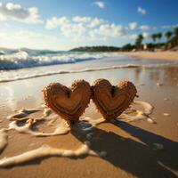 playa romance corazón dibujado en arenoso apuntalar con olas en el antecedentes para social medios de comunicación enviar Talla ai generado foto