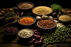 Wooden table graced with different beans and seeds in presentation AI Generated photo