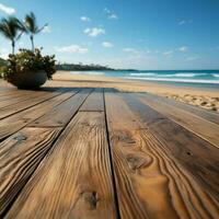 junto a la playa montaje de madera cubierta complementa borroso playa para versátil producto presentación para social medios de comunicación enviar Talla ai generado foto