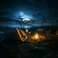 Lone in darkness Tents silhouette against the night, a cozy nocturnal retreat For Social Media Post Size AI Generated photo