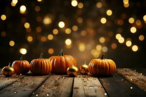 Festive Halloween display Wooden table, pumpkin, and mystical bokeh lights AI Generated photo