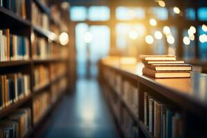 Blurred library interior with bookshelves, ideal for educational concepts AI Generated photo