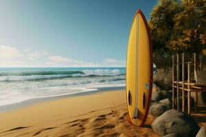 Awaiting surfboards by the sea, a water sport haven beckons AI Generated photo