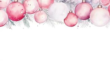 Christmas border with pink balls on white background. Watercolor Christmas and New Year background. AI Generated photo