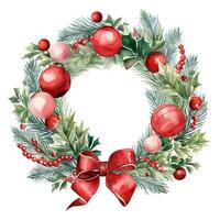 Christmas wreath of red balls and spruce branches. Watercolor illustration. AI Generated photo