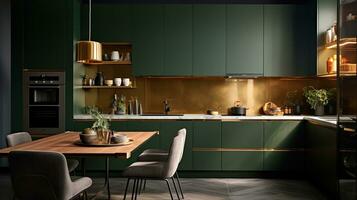 Gold and dark green kitchen. Minimalism. AI Generated photo