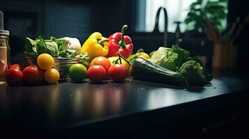 Modern black kitchen with fresh vegetables and greens on the table. AI Generated photo