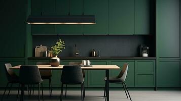 Dark green kitchen. Minimalism. AI Generated photo