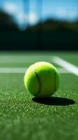 juguetón partido se despliega en un verde tenis Corte con un pelota vertical móvil fondo de pantalla ai generado foto