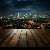 nocturno paisaje urbano borroso cielo, de madera mesa adornado por distante edificio luces para social medios de comunicación enviar Talla ai generado foto