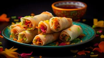 Colorful spring roll plate a gourmet celebration of Chinese culture free copy space photo