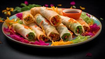 Colorful spring roll plate a gourmet celebration of Chinese culture free copy space photo