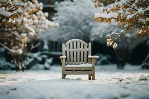 Solitude in a winter garden, a wooden chair amid blurred surroundings AI Generated photo