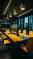 Stylish boardroom black table, swivel chairs, flat screen TV, mustard curtains Vertical Mobile Wallpaper AI Generated photo