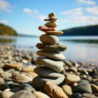 Nautical formation Sea kissed stones stacked into a pyramid along the shore For Social Media Post Size AI Generated photo