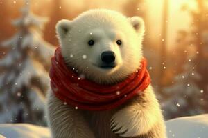 Cute polar bear cub accessorized with a festive red scarf AI Generated photo