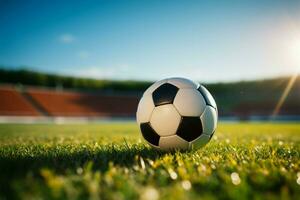 Soccer ball resting on lush green grass, stadium in the backdrop AI Generated photo