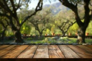 Wooden tabletop set amid the tranquil blur of a park AI Generated photo