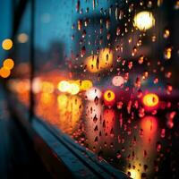 borroso ciudad luces visto mediante un ventana con vistoso gotas de lluvia para social medios de comunicación enviar Talla ai generado foto